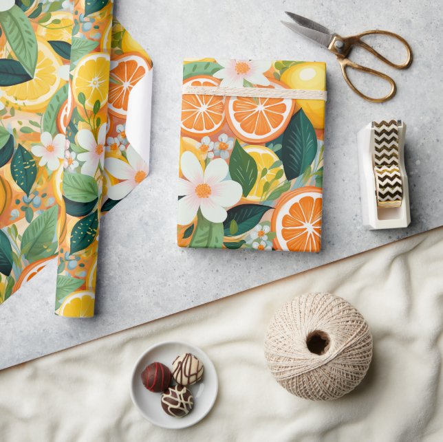 Papel De Presente Floral Tropical Cítrico em Flor  (Artesanato)