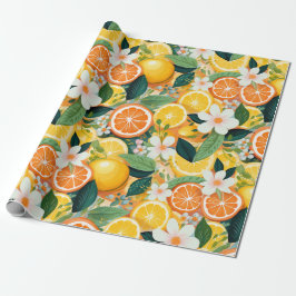 Papel De Presente Floral Tropical Cítrico em Flor