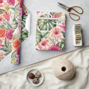 Papel De Presente Floral Tropical Colorido Hibisco & Folhagem