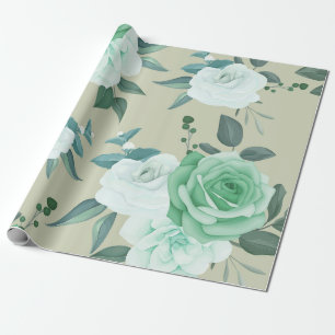 Papel De Presente Floral verde e branco