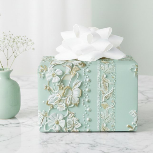 Papel De Presente Floral Verde Vintage (elegant vintage pale mint green faux lace floral gift wrap wrapping paper)