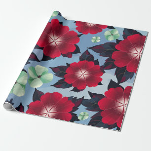 Papel De Presente Floral Vermelho e Verde Mint sobre fundo azul-céu