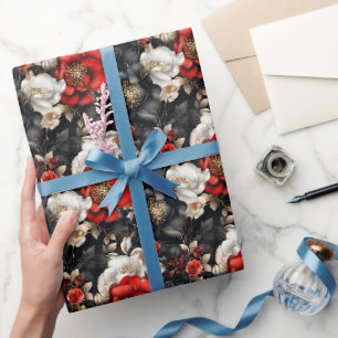 Papel De Presente Floral Vermelho, Preto e Branco