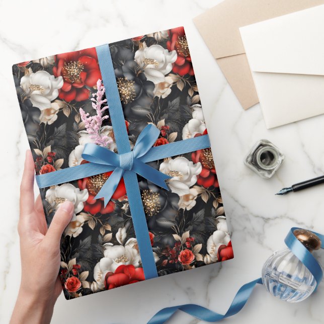 Papel De Presente Floral Vermelho, Preto e Branco (Presentear)