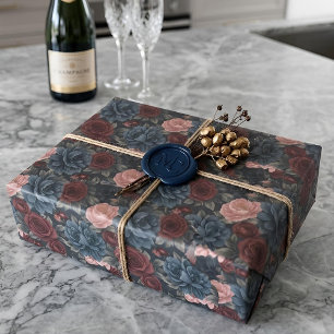 Papel De Presente Floral Victoriana da Meia-Noite   Rosas Borgonha e
