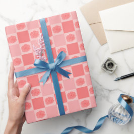 Papel De Presente Floral Xadrez Rosa