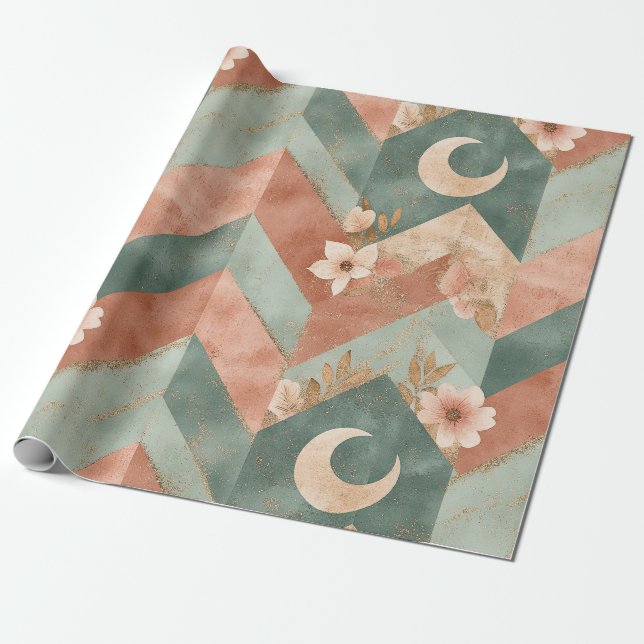 Papel De Presente Floral Xadrez Tons Terrosos Suaves com Luas (Desenrolado)