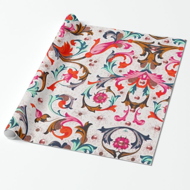 PAPEL DE PRESENTE FLORENTINA RENAISSÂNCIA, PEDAÇOS FLORAIS VERMELHOS (Desenrolado)