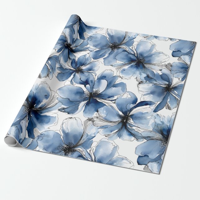 Papel De Presente Flores Abstratas em Aquarela Azul e Branco (Desenrolado)