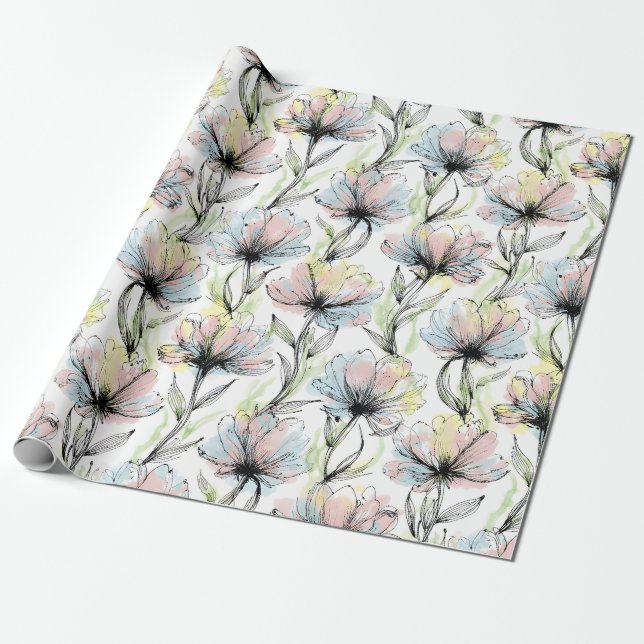 Papel De Presente Flores Abstratas em Caneta e Tinta com Lavagem de  (Desenrolado)