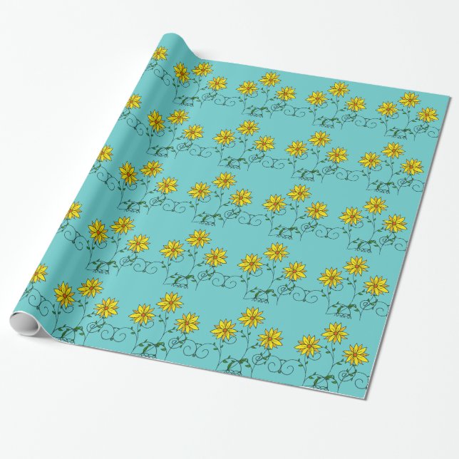 Papel De Presente Flores Alegres Amarelas Arte Doodle Divertida (Desenrolado)