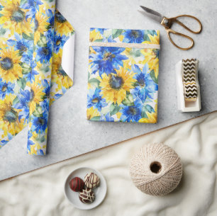 Papel De Presente Flores Amarelas Azuis de Aniversário
