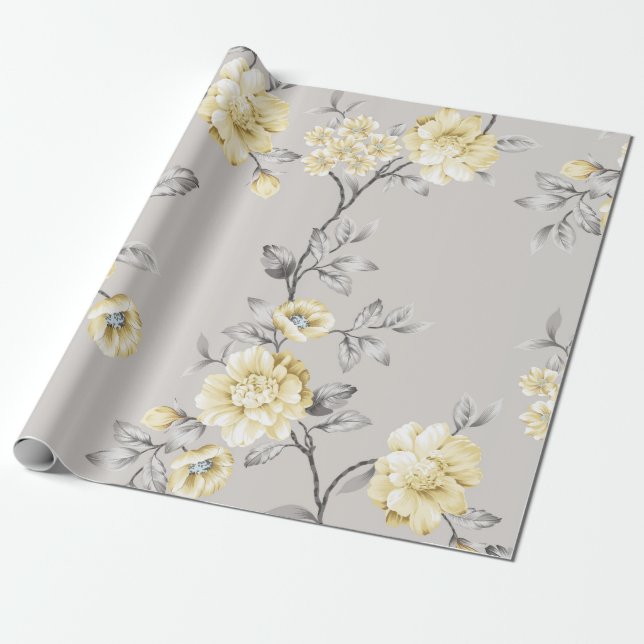 Papel De Presente flores amarelas bonitas com padrão de folhas de ci (Desenrolado)
