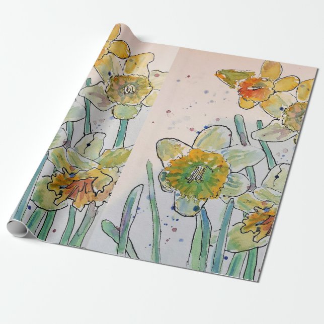 Papel De Presente Flores Amarelas Daffodil Spring Wraping Aquarela (Desenrolado)