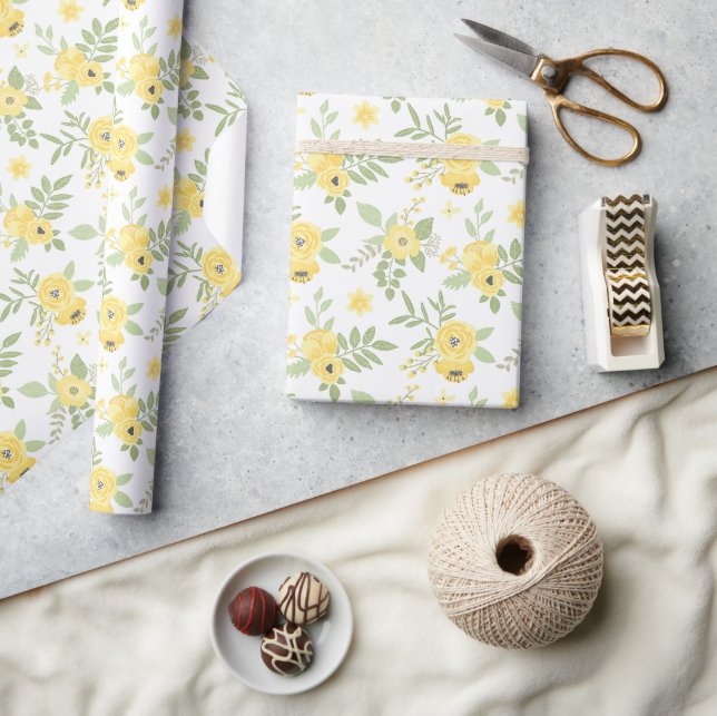 Papel De Presente Flores Amarelas Elegantes & Verdura (Artesanato)