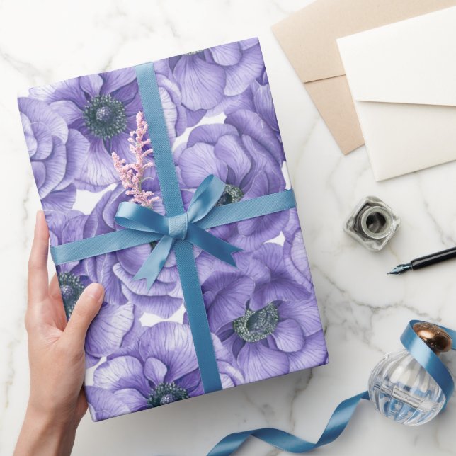 Papel De Presente Flores anêmonas violetas padrão aquarela (Presentear)