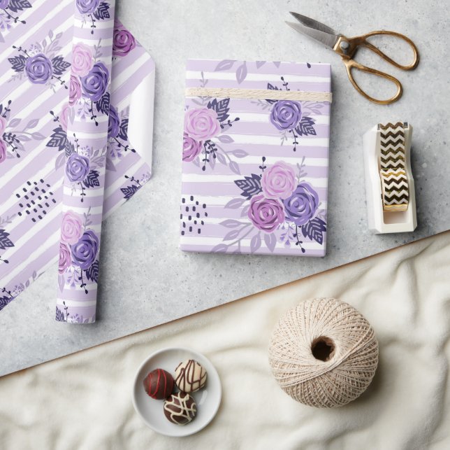 Papel De Presente Flores aquarelas com faixas (Artesanato)