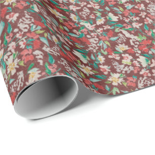Papel De Presente Flores Aquáticas Vintage de Inverno (Vermelho)