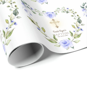 Papel De Presente Flores Azuis De Cores Aquáticas Batismo Dourado En