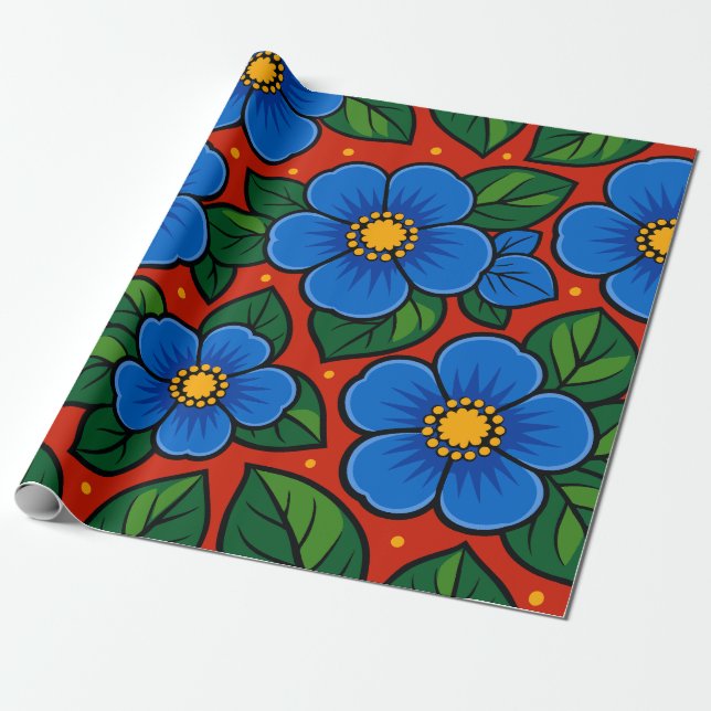 Papel De Presente Flores Azuis e Folhas Verdes em um Fundo Vermelho (Desenrolado)