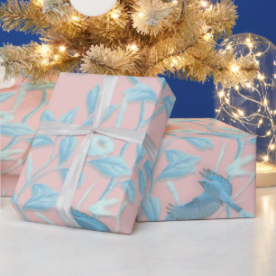 Papel De Presente flores azuis e pássaros, cor rosa de luz de fundo