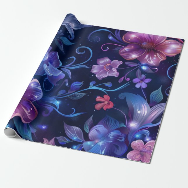 Papel De Presente Flores Azuis e Rosa Meias-Noite (Desenrolado)