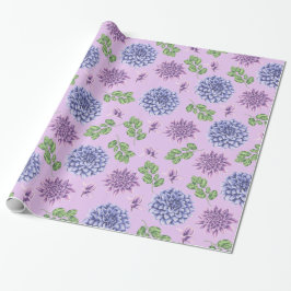 Papel De Presente Flores Azuis e Roxas em Lavanda