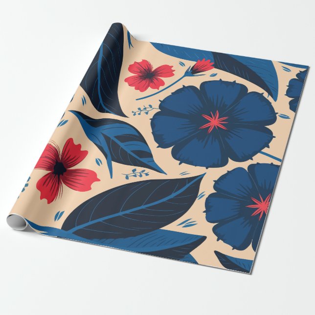 Papel De Presente Flores Azuis e Vermelhas, com Folhas Azuis Escuras (Desenrolado)