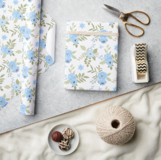 Papel De Presente Flores Azuis Elegantes & Botânica Verde