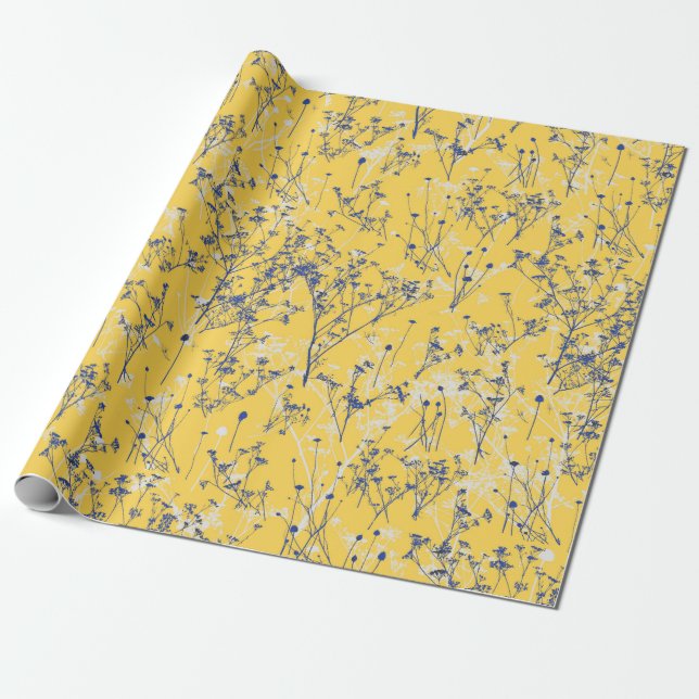 Papel De Presente Flores Azuis Elegantes Modernas em Amarelo-Mostard (Desenrolado)