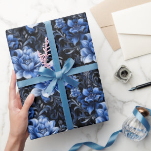 Papel De Presente Flores Azuis em Preto
