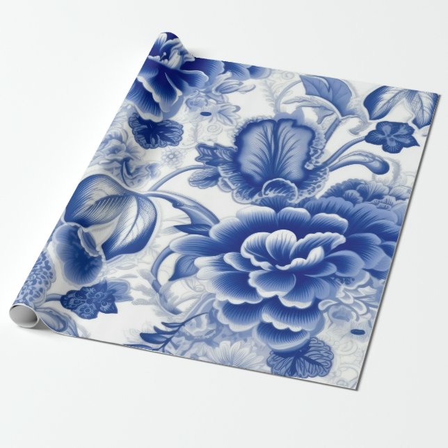 Papel De Presente Flores Azuis Indigo (Desenrolado)