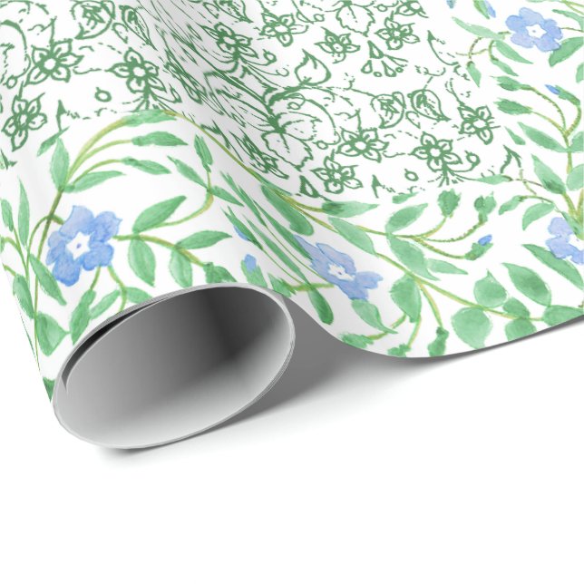 Papel De Presente Flores Azuis Pergueiro Flores Vintage Faux Patchwo (Ponta do rolo)