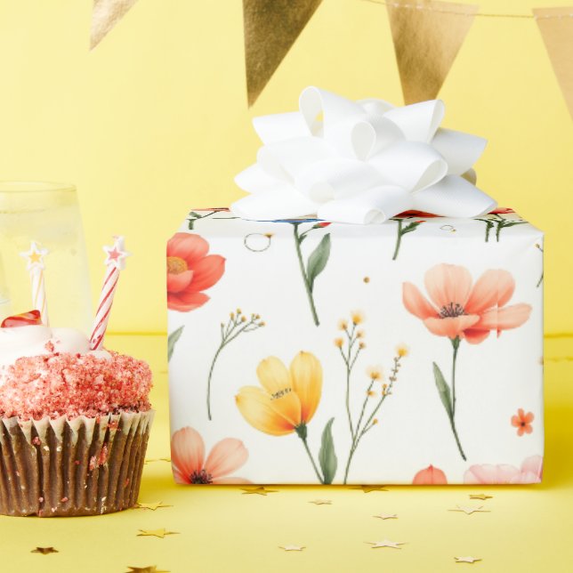 Papel De Presente Flores Azuis, Vermelhas e Rosas (Festa de aniversário)