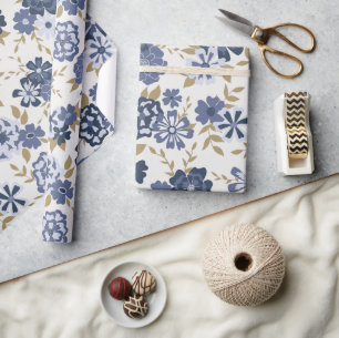 Papel De Presente Flores Azul Vinha Simples Moderna Botânica