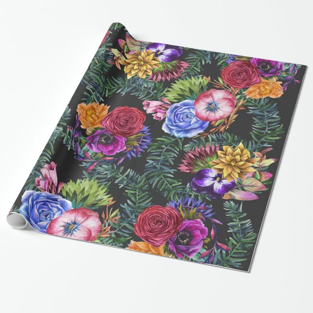 Papel De Presente Flores boémias da aguarela e folhas tropicais (Desenrolado)