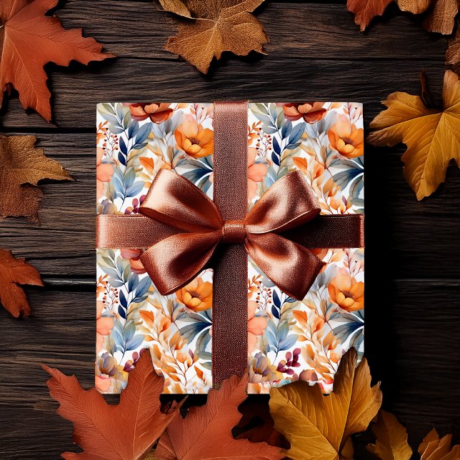 Papel De Presente Flores Boho Outono em Terracota Damasco Azul (Boho Fall | Autumn Floral Pattern Wrapping Paper  - Terracotta, Apricot and Dusky Blue)