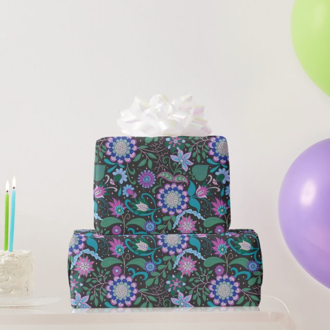 Papel De Presente Flores Boho Roxas Elegantes em Preto (Presentes para festas)