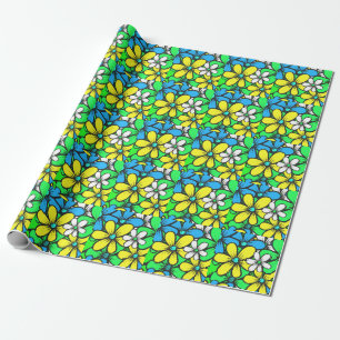 Papel De Presente Flores bonito de Verão Brilhantes Azul Amarelo e V