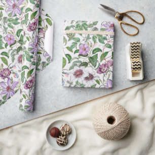 Papel De Presente Flores Botânicas Vintage Verde Lilás Branco