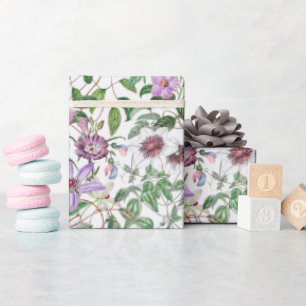 Papel De Presente Flores Botânicos Vintage Verde Lilás Branco