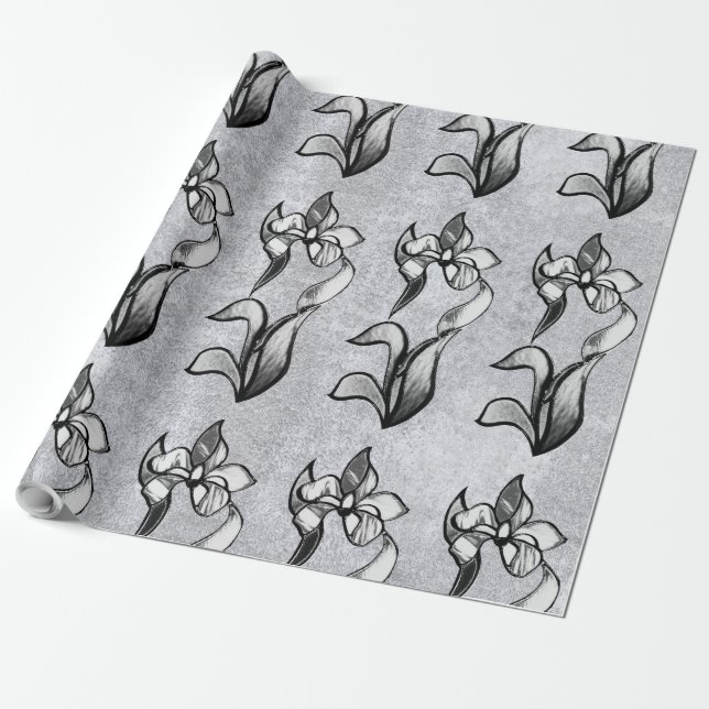 Papel De Presente Flores brancas abstrato pretas brilhantes em prata (Desenrolado)