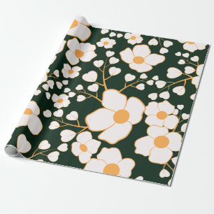 Papel De Presente Flores Brancas Centralizadas Amarelas e Fundo Verd