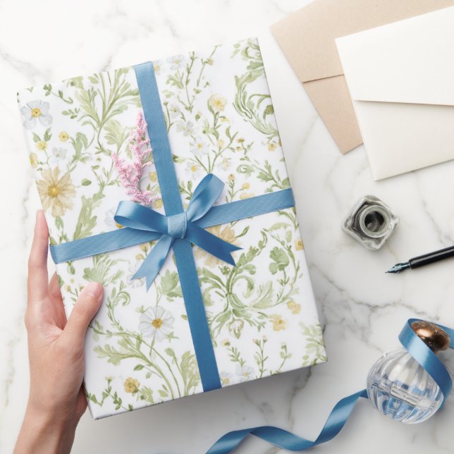 Papel De Presente Flores Brancas Creme Chuveiro de Noiva   (Presentear)