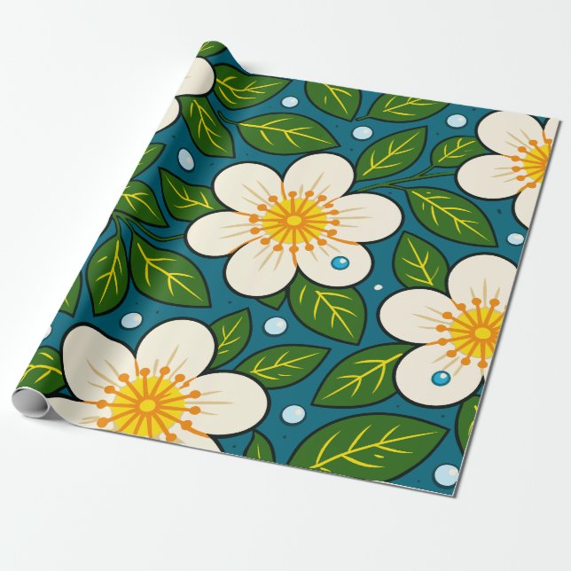 Papel De Presente Flores Brancas Cremosas com Padrão de Folhas Verde (Desenrolado)