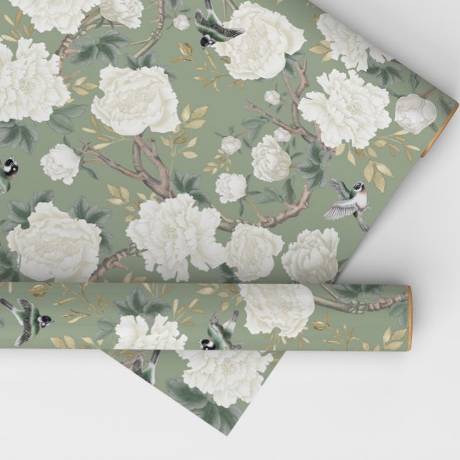 Papel De Presente Flores Brancas de Chinoiserie Clássica Verde Sage (Criador carregado)
