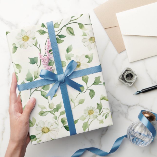 Papel De Presente Flores Brancas de Margarida Aniversário (Presentear)