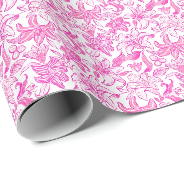 Papel De Presente Flores brancas e rosa Impressão da Praia da Preppy (Ponta do rolo)