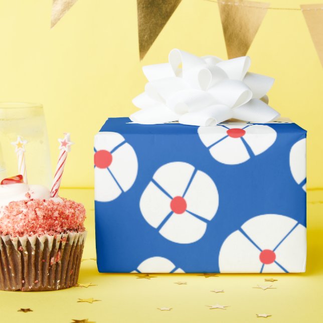 Papel De Presente Flores brancas em azul (Festa de aniversário)