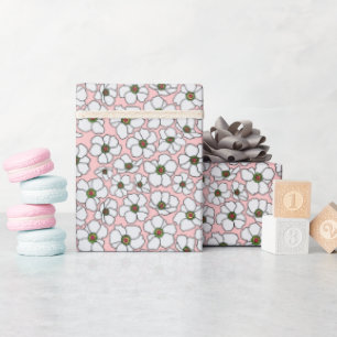 Papel De Presente Flores Brancas em Rosa Bege